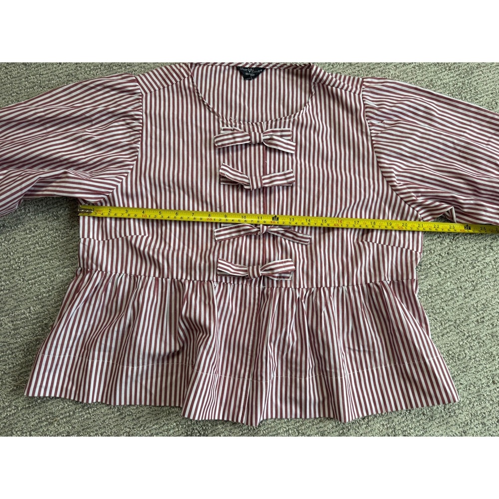 Velvet Heart Los Angeles Striped Bow Peplum Top Burgundy White Cotton Large - Picture 7 of 8